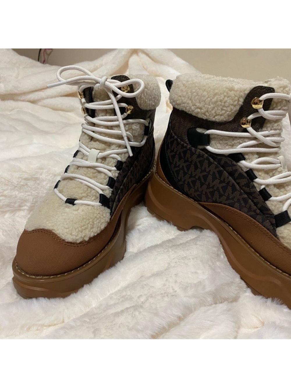 MICHAEL Michael Kors Brown and Cream Shearling-Trim Hiker Booties